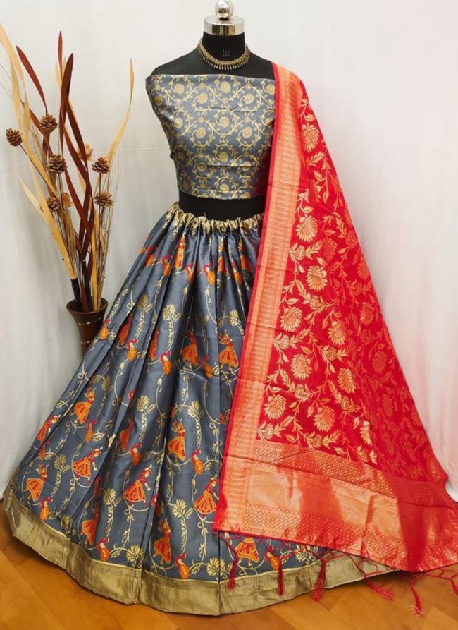 Heavy Brocade Grey Wedding Wear Embroidery Work Lehenga Choli( Only In Size 34 To 40)